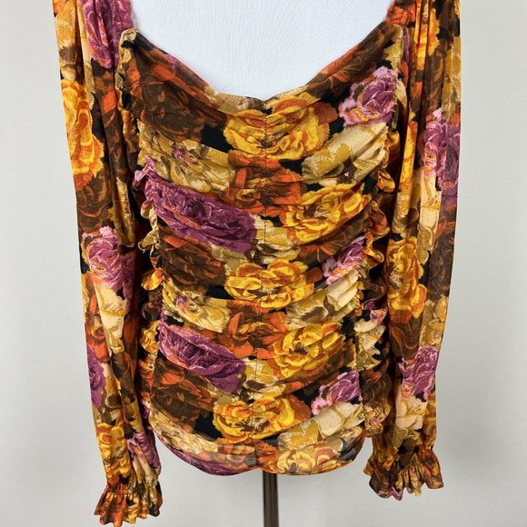 Jane + Delancey Blouse Top Women XL Multicolor Floral Ruched Off Shoulder Sheer - Picture 7 of 13